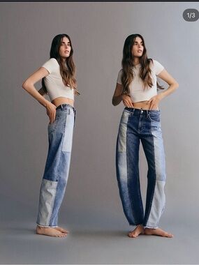GAP High Rise Barrel Patchwork Jeans Medium Indigo | Size 24 Regular